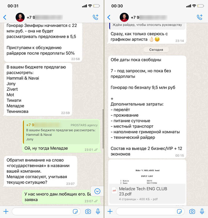 СКРИНШОТ ПЕРЕПИСКИ С ПРЕДСТАВИТЕЛЕМ КОНЦЕРНОГО АГЕНТСТВА. ИСТОЧНИК: ЦАРЬГРАД