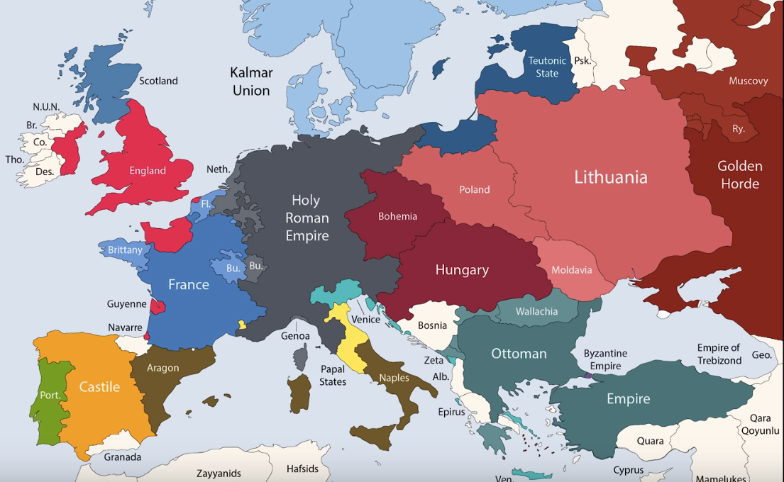 Карта Европы на 1453 год. Ситуация неприятная для Византии.