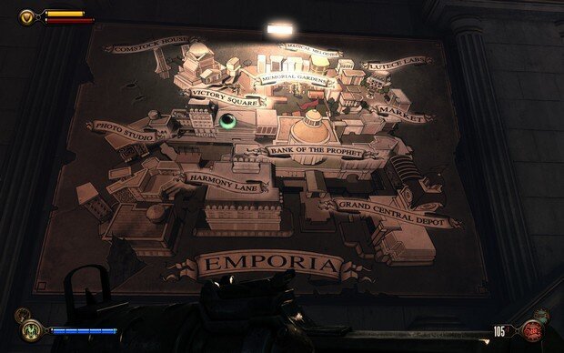 Эмпория – единственная локация в Infinite, не производящая впечатление коридора. Но и в ней размеренное исследование улиц и домов не приводит ни к чему хорошему: сперва, оказывается, надо зацепить один триггер, потом другой, а потом сходить на квест за еще тремя триггерами, чтобы заветная дверка наконец открылась. 