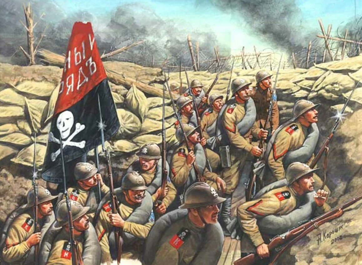 И неудивительно, ведь корниловцы — это порождение как раз республики. Ударники-корниловцы появились именно при Временном правительстве. Иллюстрация: А. Каращук.