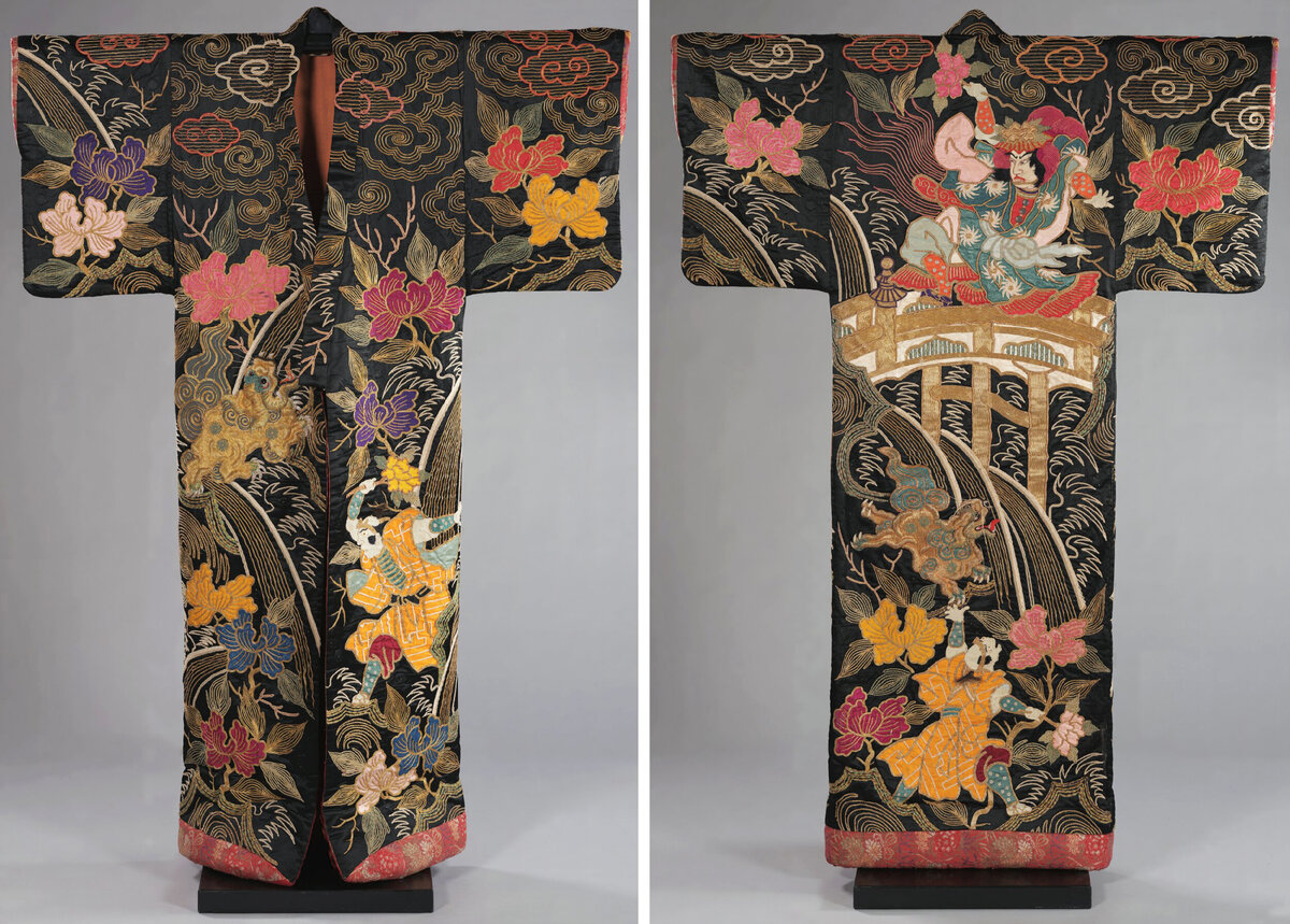 Kimono with motifs relating to Kabuki theatre. Japan. 1860-1880. Victoria and Albert Museum