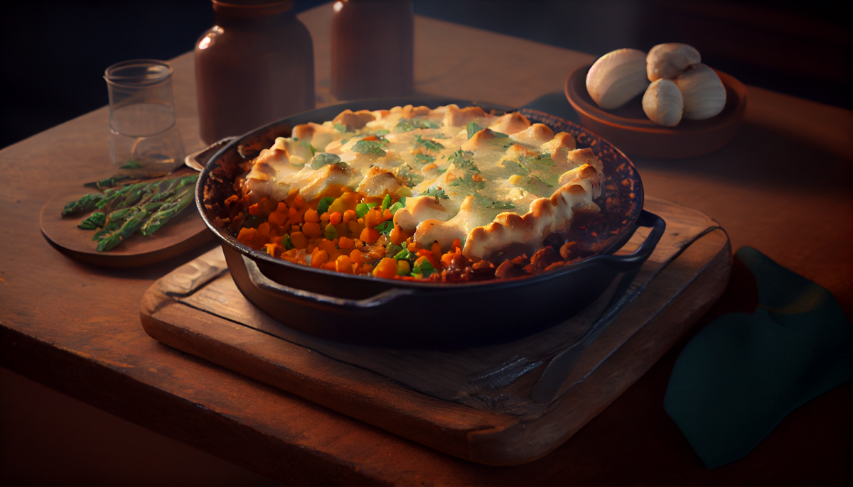 Автор: MidJourney, по описанию: Vegetarian lentil shepherd's pie, unreal engine 5, --ar 16:9