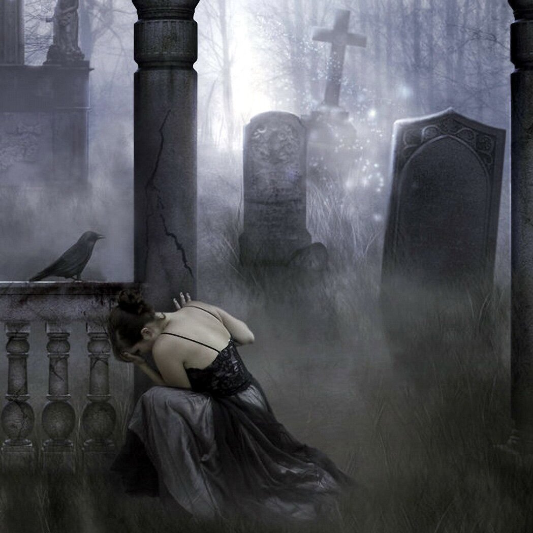 Плачущая вдова. Кладбище фэнтези. Готическое кладбище. Кладбище арты. Готические арты.