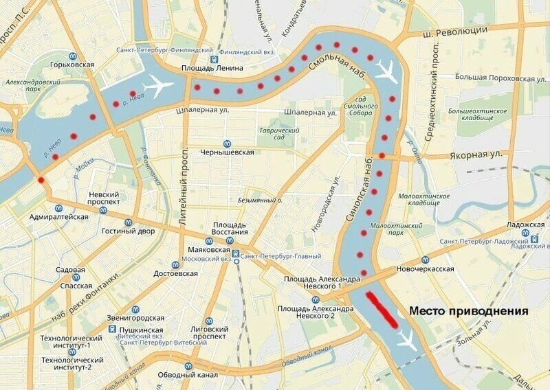 Маршрут самолета по Неве.