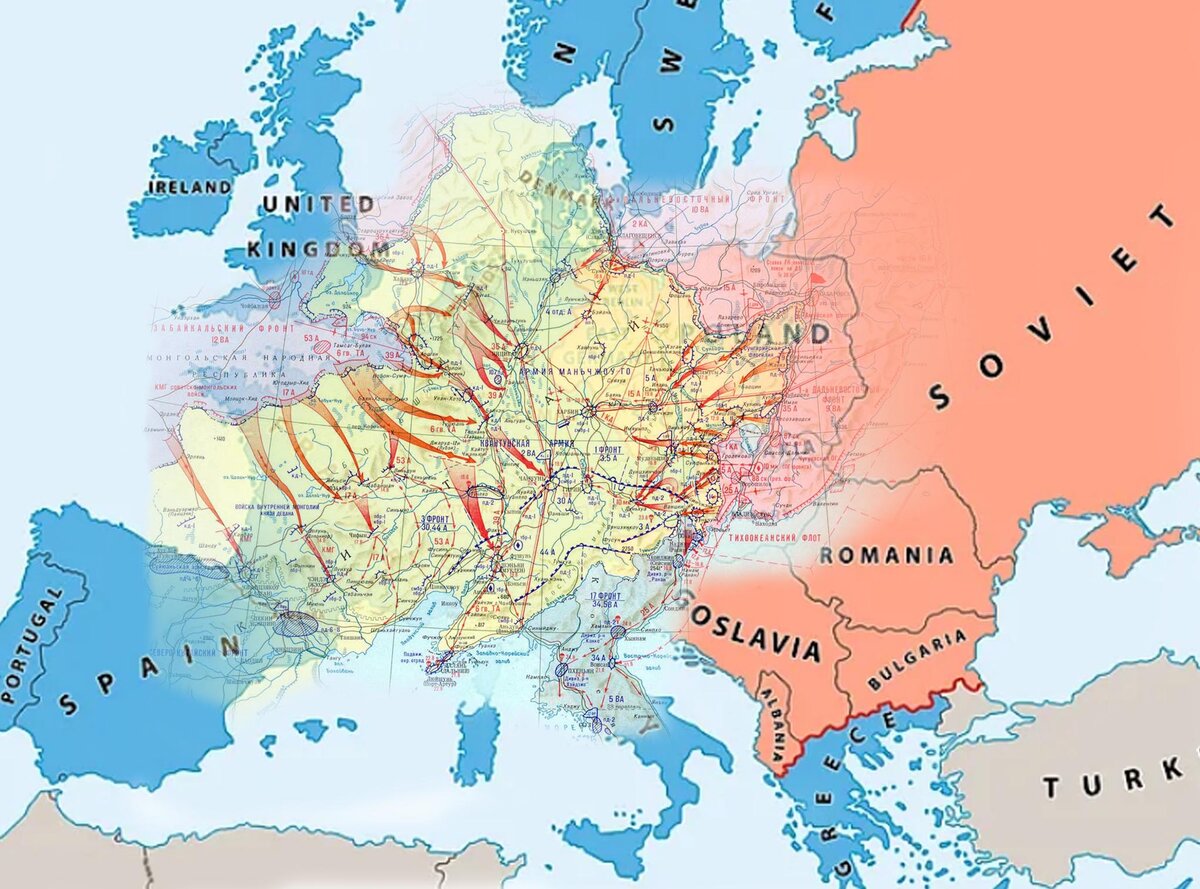 Карта Маньчжурской операции Красной армии 1945 года применительно к карте Европы.
