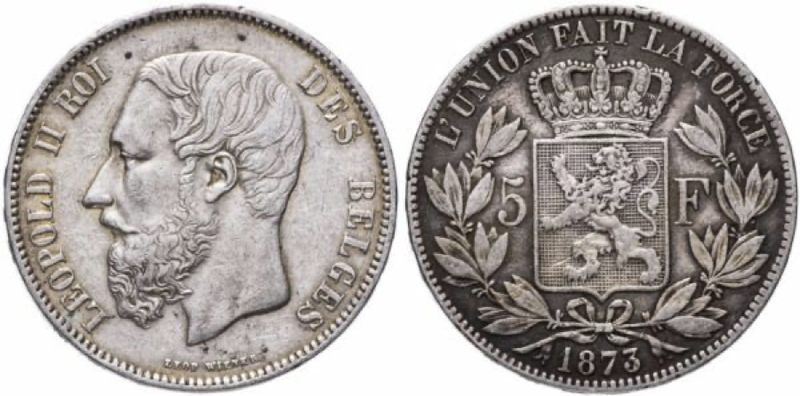 У николы были только серебряные монеты. 5 Франков 1873 Бельгия. 5 Франков 1873 Бельгия и рубль Николая второго сравнение.