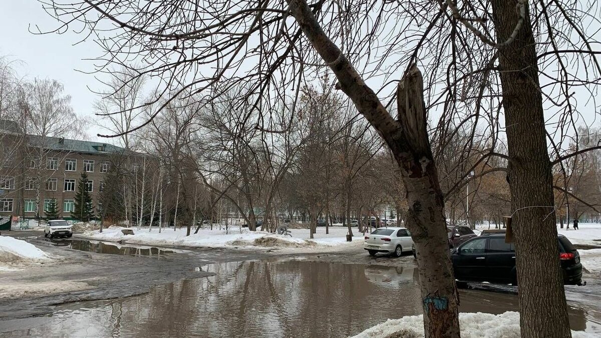     Демчане еще могут преодолеть лужу, но вот вот мост из наледи растает.