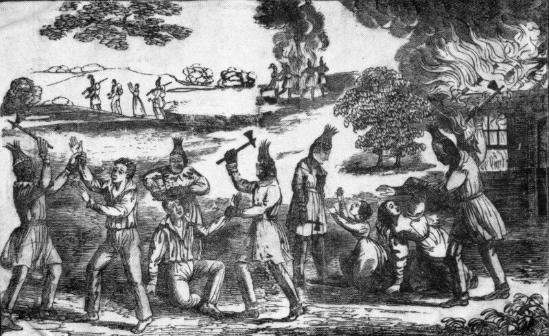 Семинолы убивают белых поселенцев. Иллюстрация из книги 1836 года.