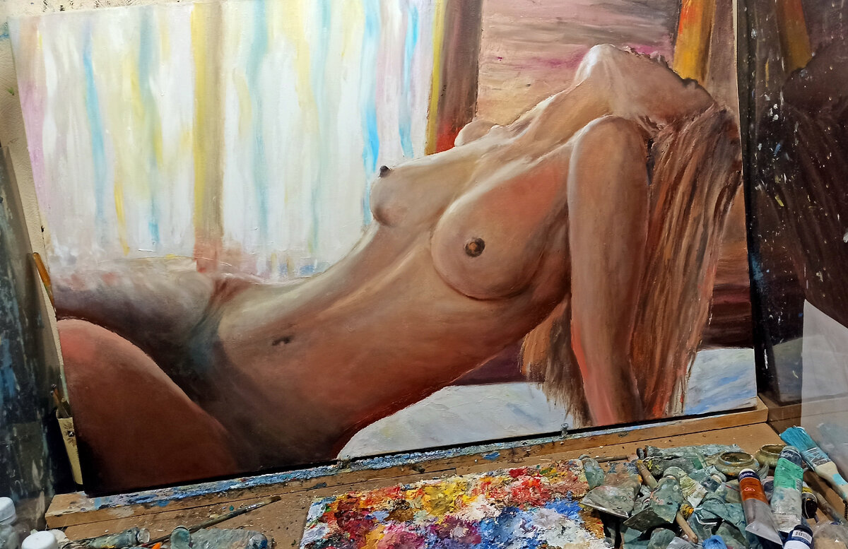 За работой в мастерской. "Томное утро" (60х90, холст, масло). Художник Ильгиз Муртазин. Картина в наличии (на момент публикации).