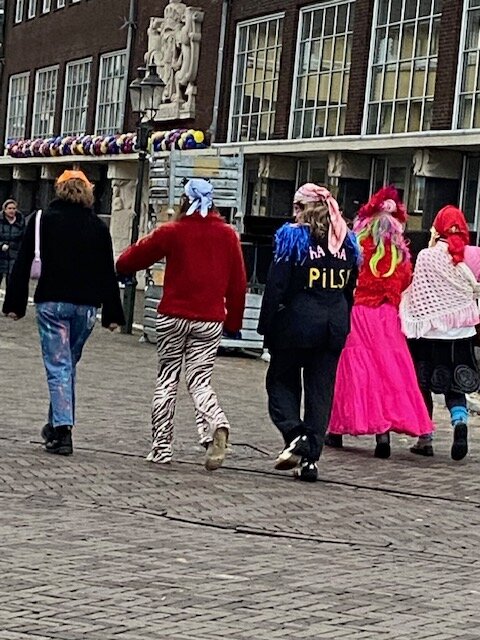 В нашей полу-деревне карнавал скромный, но все же люди празднуют гораздо активнее, чем в Зейсте. Зейст находится в протестантской половине Нидерландов, а Свалмен – в самой, что ни на есть, католической. В Лимбурге к карнавалу готовятся долго и тщательно: украшают жилища воздушными  шарами, бумажными цветами и плакатами, масками клоунов,  серпантином. Заказывают по интернету немыслимые одежды: какие-то нелепые шубы из искусственного меха, раскрашенные под оперенье райских птиц, фантастические шляпы и клоунские колпаки с бубенцами. Брюки и юбки покупаются только флуоресцентных цветов, грим – клоунский, парики – дикие. Местные заранее договариваются друг с другом и идут на главную площадь города, там где музыка, песни и пляски. В каждом кафе играет оркестр,  на площади тоже оркестр – побольше. На время карнавала выбирается Принц карнавала, которые заведует действием. Вчера мы, как всегда, пришли к шапочному разбору, и то, я уговаривала Янрика пройтись из магазина к главной площади, а он упирался. Когда я сказала, что мы просто подышим воздухом и уйдем домой, он согласился. 
Набитые битком кафе не вмещали пеструю массу, народ вываливался как подошедшее на опаре тесто; стояли внутри и снаружи. Одиноких не было, горожане кучковались друг с другом, на подступах к кафе уже было не протолкнуться. Ряженые пили пиво за стойками, закусывая нарубленной кубиками колбаской и сыром. Из кафе доносилась развеселая музыка. Мы обошли площадь и отправились на парковку по засыпанной серпантином, леденцами и печеньицами улице, на которой два подростка азартно гоняли пустую банку из-под пива.