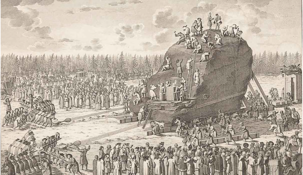 Перевозка Гром-камня. Гравюра Я. Шлея по рисунку Ю. Фельтена. Источник: https://rusmir.media/2022/05/05/mednyyvsadnik
