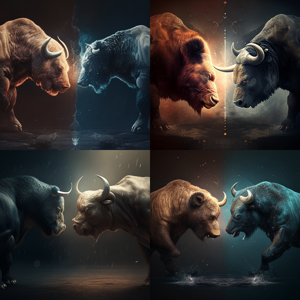 Как видит ИИ Midjourney борьбу между быками и медведями.