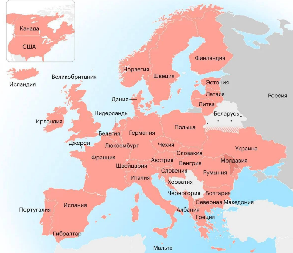 Страны, закрывшие воздушное пространство для России. Если приложить эту схему к карте мира, получится совсем немного. Схема ТАСС