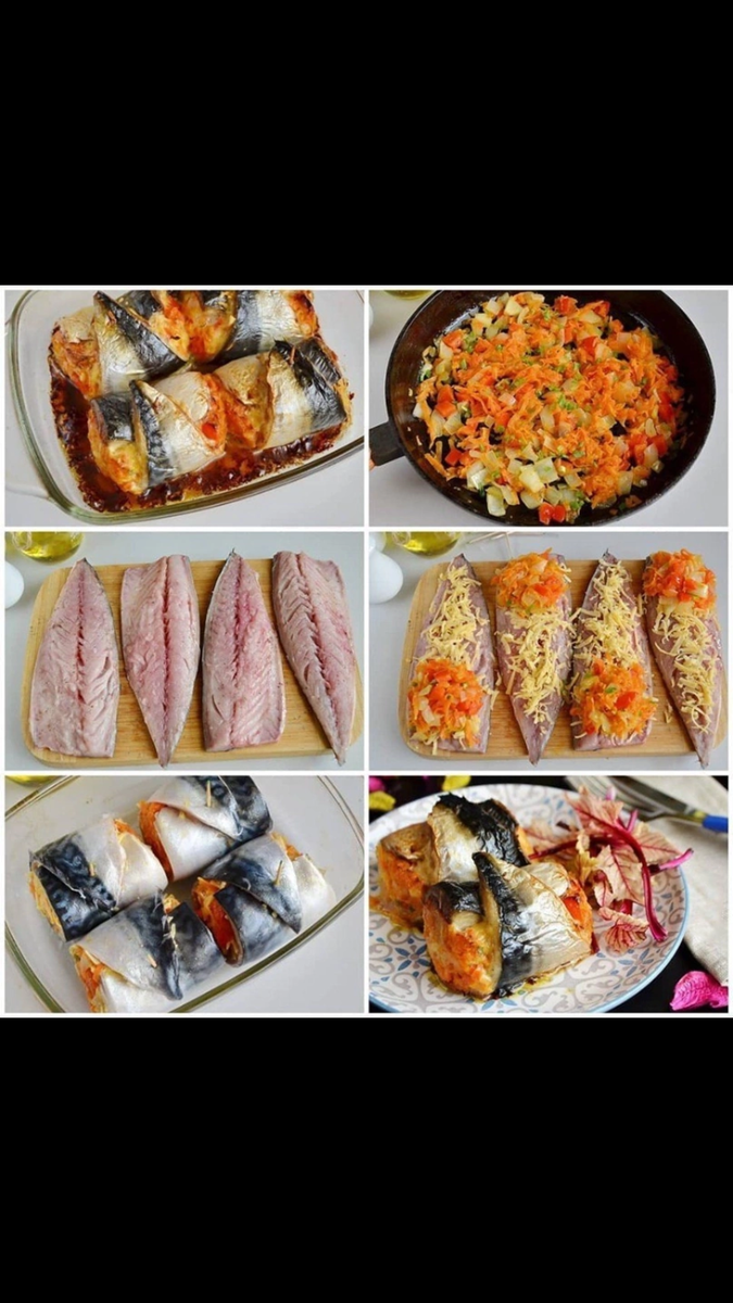 Готовим рулеты из скумбрии с овощами 
Господи, как же это вкусно! 

Ингредиенты:

Скумбрия — 2 шт.
Сыр — 100 г
Лук репчатый — 1 шт.
Морковь — 1 шт.
Чеснок — 1 зубчик
Болгарский перец — 0,5–1 шт.
Зелень — по вкусу
Соль — по вкусу
Перец черный молотый — по вкусу
Растительное масло — 2–3 ст. л.

Приготовление:

1. Подготовьте продукты. Скумбрию полностью разморозьте при комнатной температуре.
2. Очистите овощи, порежьте лук и болгарский перец кубиками, морковь натрите на крупной терке, чеснок разрежьте на 4 части.
3. На растительном масле обжарьте чеснок. Как только он отдаст свой аромат, уберите его со сковороды, на чесночном масле обжарьте лук и морковь до полуготовности, после добавьте перец, еще пару минут жарьте и снимите с огня. Добавьте в самом конце зелень, соль и специи по вкусу.
4. Переходим к разделке скумбрии. У каждой тушки отрежьте голову, удалите внутренности, промойте рыбку внутри. Филейным ножом пройдитесь вдоль хребта так, чтобы отделилось филе, а мелкие косточки уберите пинцетом. Каждую половинку рыбного филе посолите, поперчите. Если любите рыбу с лимоном, то сбрызните лимонным соком.
5. Посыпьте щедро рыбу сыром. Можно тертый сыр заменить на пластинки, подогнав их по размеру тушек.
6. Овощи зрительно разделите на 4 части, положите на край каждого филе четвертую часть.
7. Каждый кусочек филе с сыром и овощами сверните рулетом, скрепите край зубочистками. Отправьте рулеты в горячую духовку на 30 минут, температура — 180 ºC.
8. Рулеты из скумбрии с сыром и овощами готовы. Удалите зубочистки — и к столу!

Приятного аппетита!