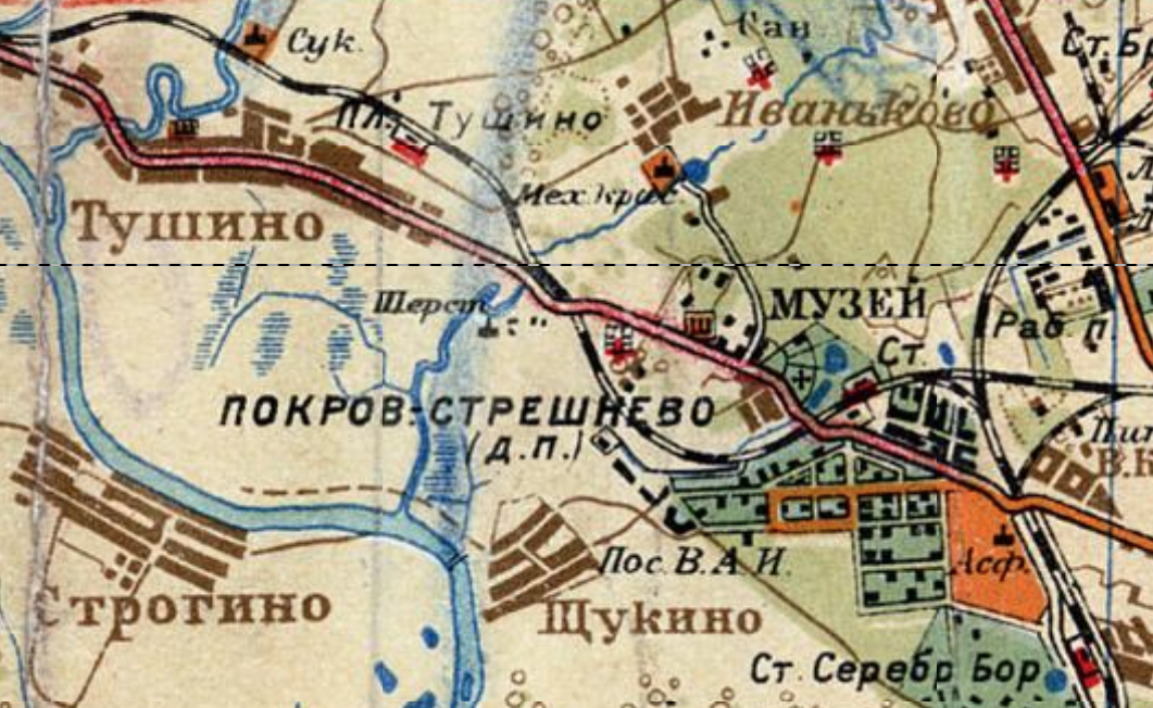 Волоколамское шоссе на карте 1931 года. Обратите внимание на кривой участок с пересечением железной дороги ближе к станции "Тушино". С сайта www.retromap.ru.