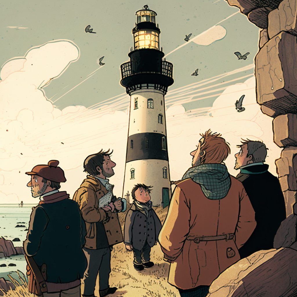 Бернард и группа журналистов идут в маяк