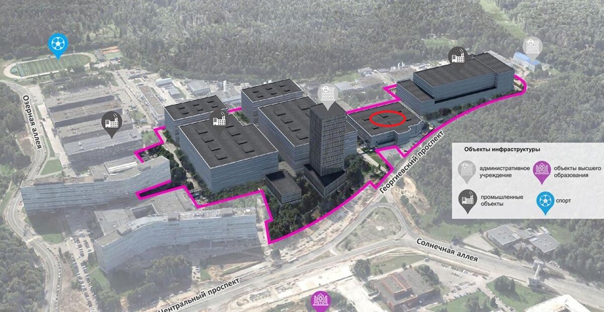 Шесть научно-производственных корпусов высотой до 9 этажей и 30-этажную административную «башню» планируют построить на месте старых зданий завода «Ангстрем» и обанкротившегося предприятия «Ангстрем-Т». Красным овалом выделен первый строящейся корпус.