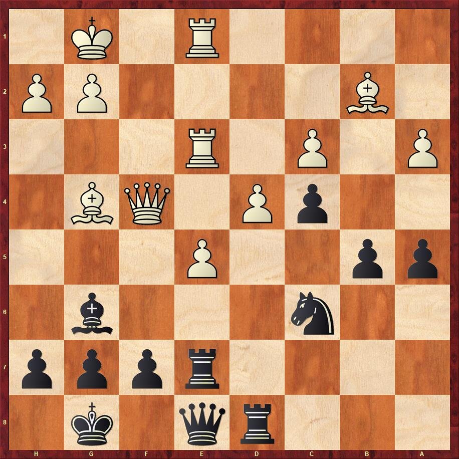 В позиции на диаграмме черные играют 25. ...Ле6! 