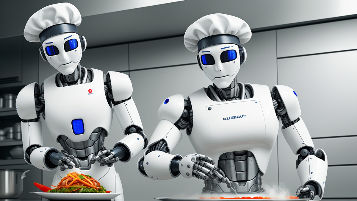 Автор: Stable Diffusion, по описанию: Hyper-realistic photo of an robot chef cooking in the kitchen, white cap on his head, ultra detailed, cinematic