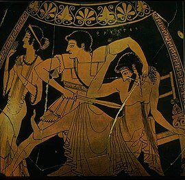 Орест, убивающий Эгисфа, оглядывается на убегающую Клитемнестру. Краснофигурная ваза V века до н. э.