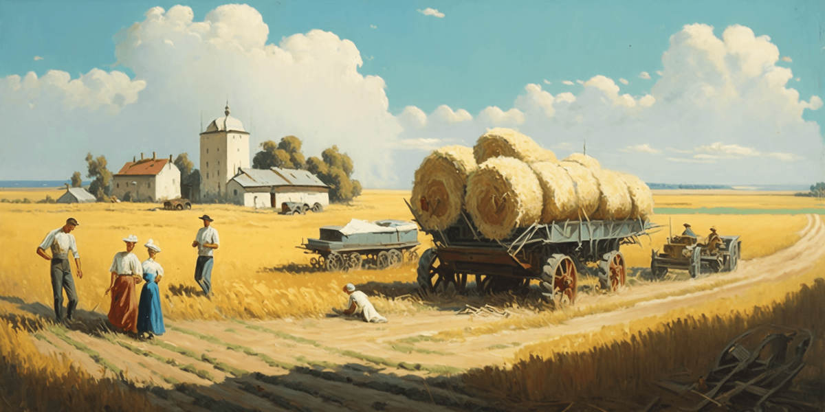  , Arkady Plastov: A rural landscape with workers harvesting grain in a field