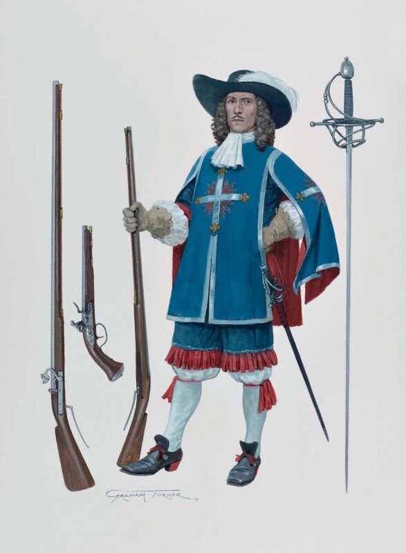 Официальный вид королевского мушкетера (гравюра XVII века)