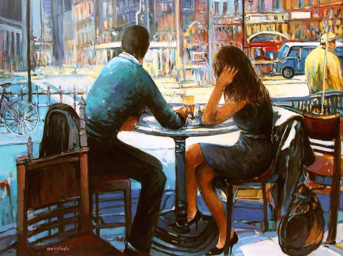 Пара в кафе в живописи