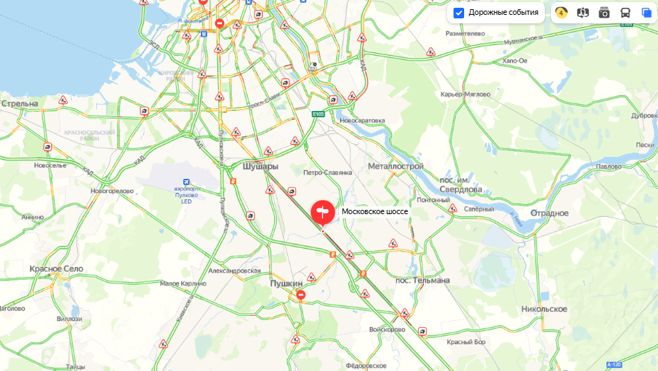    Пробка на Московском шоссе Автор фото: Яндекс.Карты