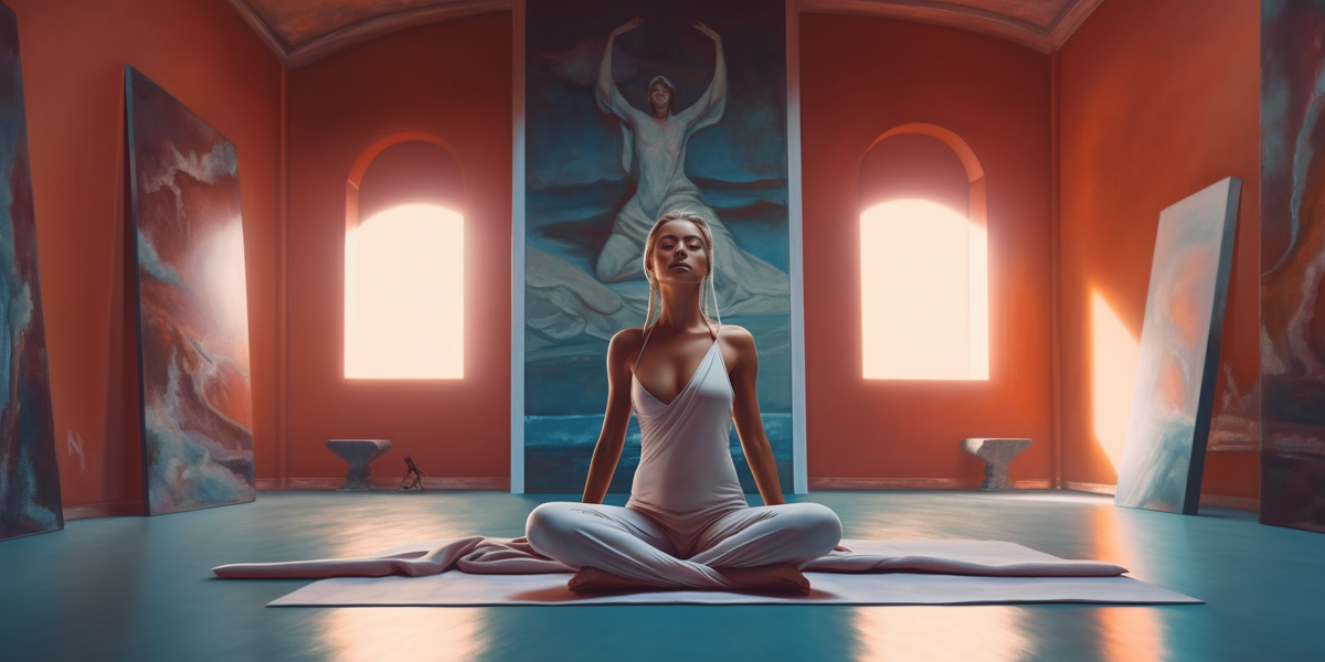 Девушка медитирует в красивой галерее