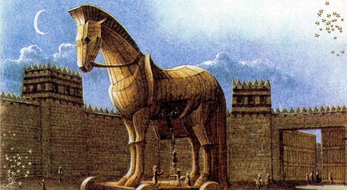 Троя мифология. Древняя Греция Троянский конь. Дары данайцев Троянский конь. Троянский конь Илиада.