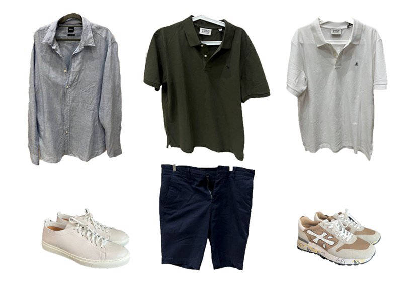 Рубашка и шорты - Hugo Boss, Поло - Scotch&Soda, Кроссовки - Premiata, Белые кеды - HDSN