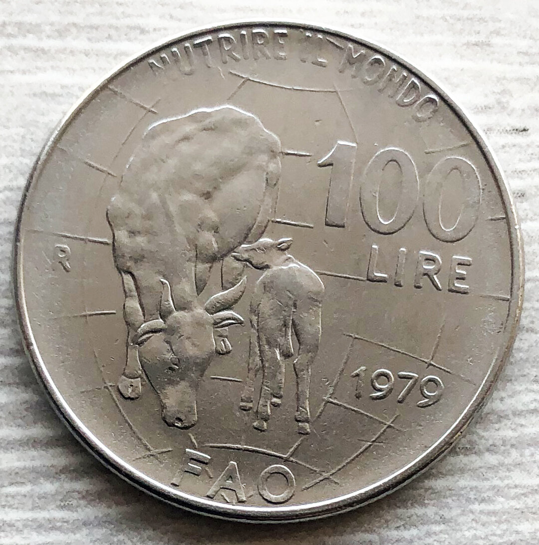 Италия 100 лир 1979 FAO Корова с теленком. Фото автора. 