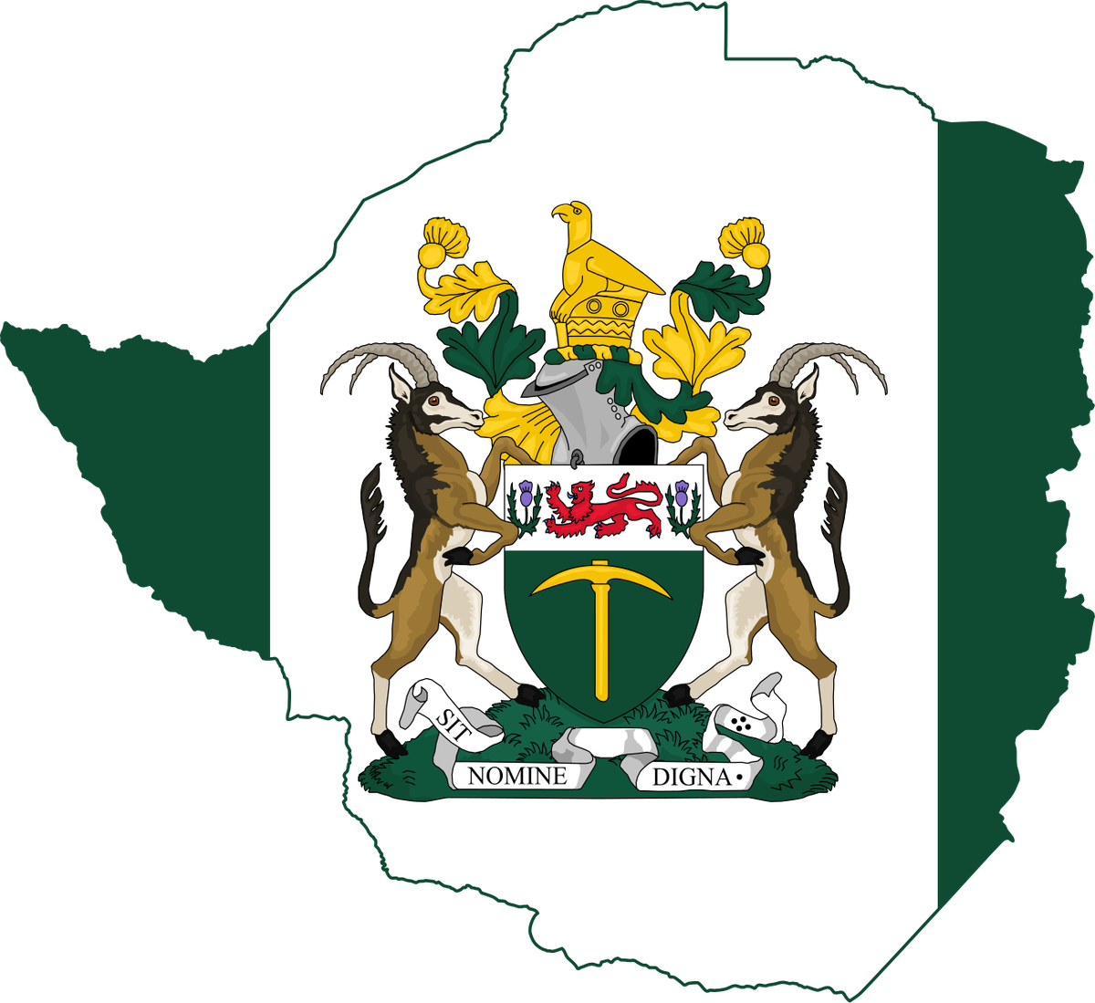 Герб Родезии на фоне очертания территории Родезии в цветах родезийского флага.