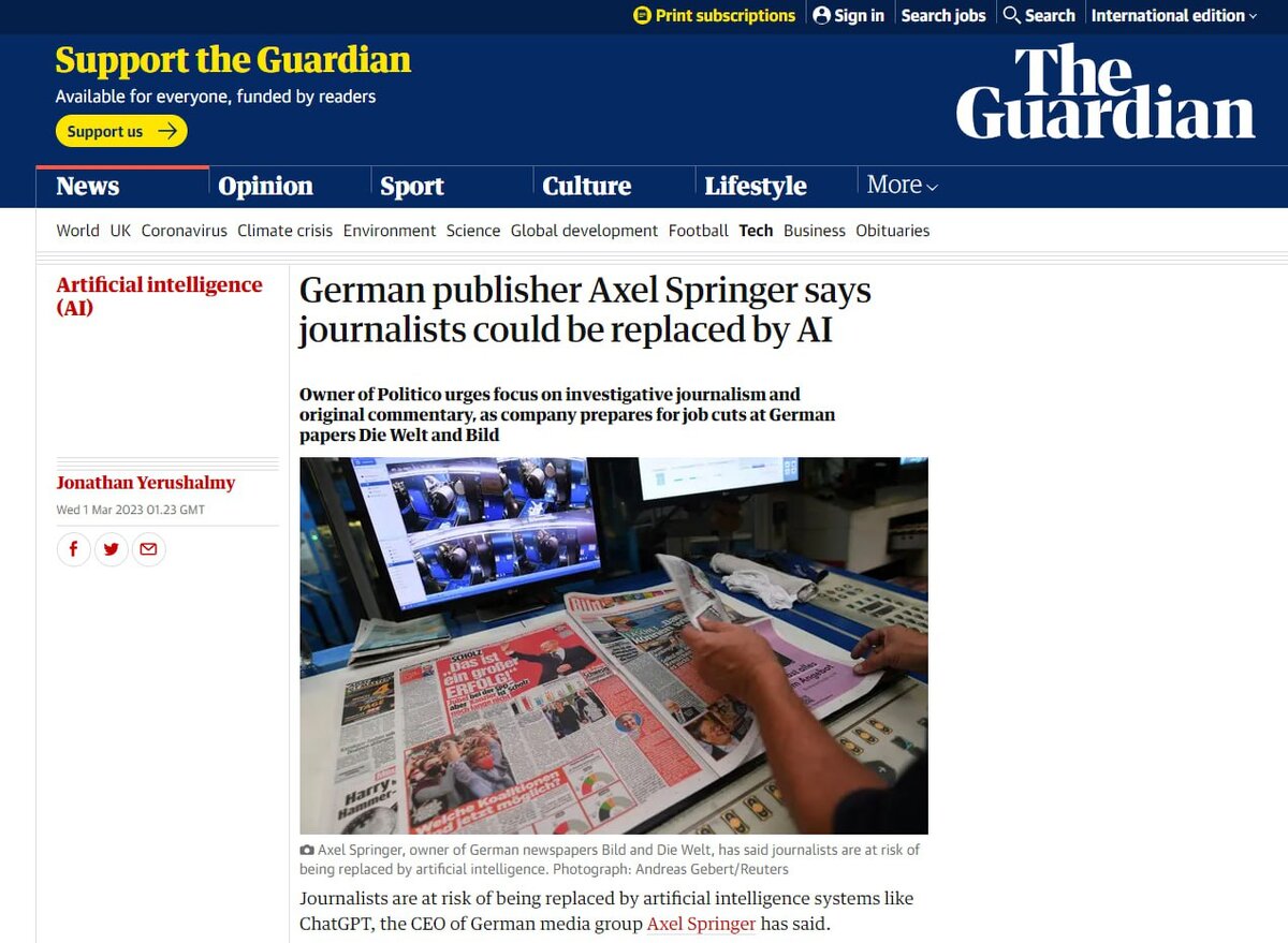 The Guardian: журналисты останутся без работы из-за ChatGPT