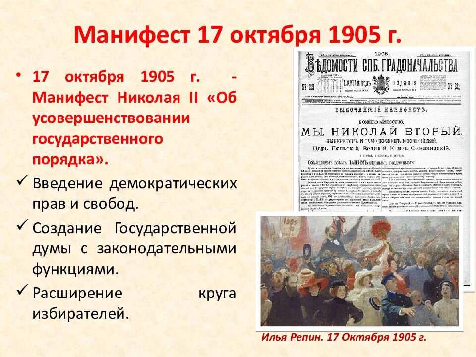 Причины революции манифест 17 октября. Первая Российская революция Манифест 17 октября.