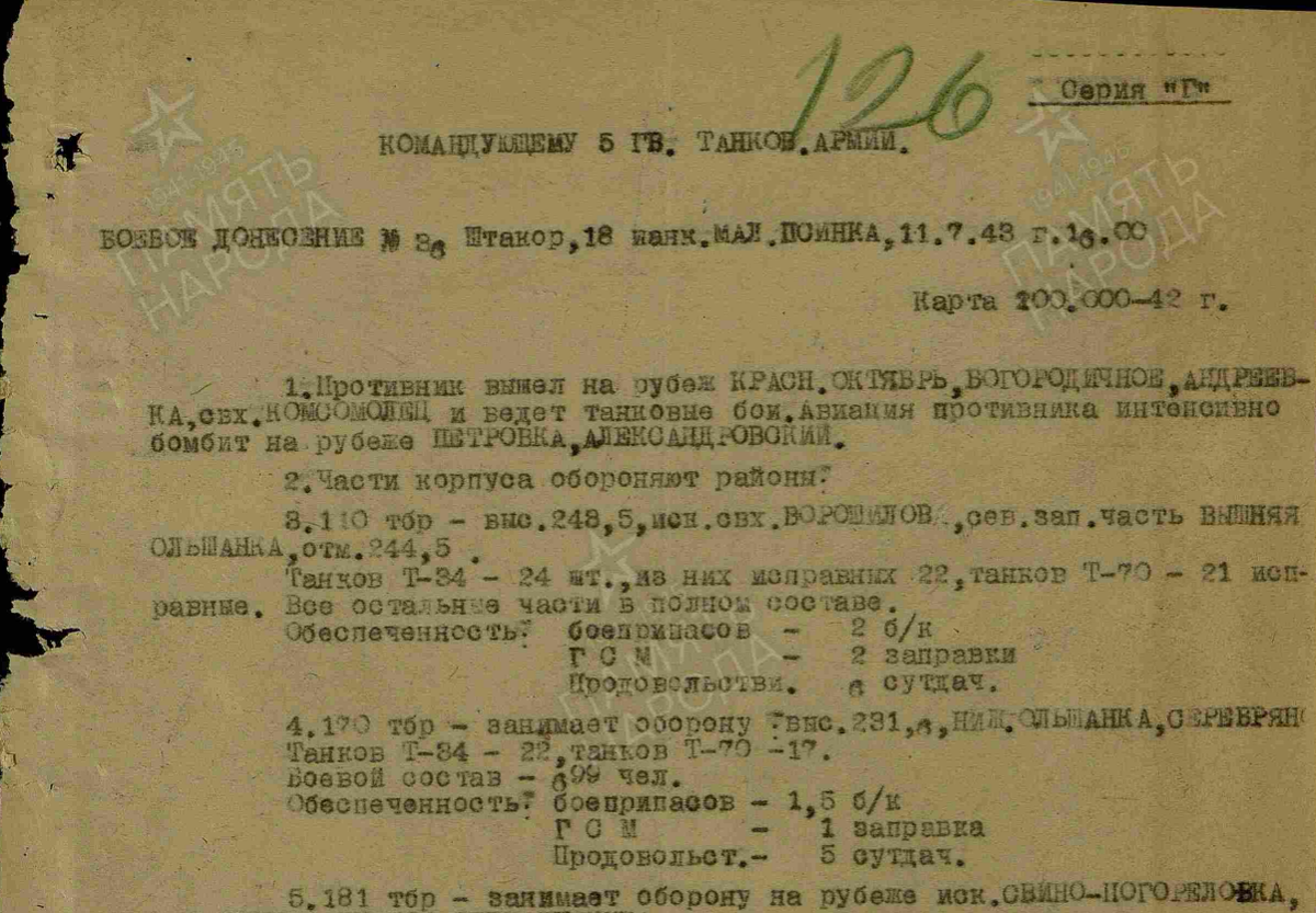Боевое донесение штаба 18-го танкового корпуса