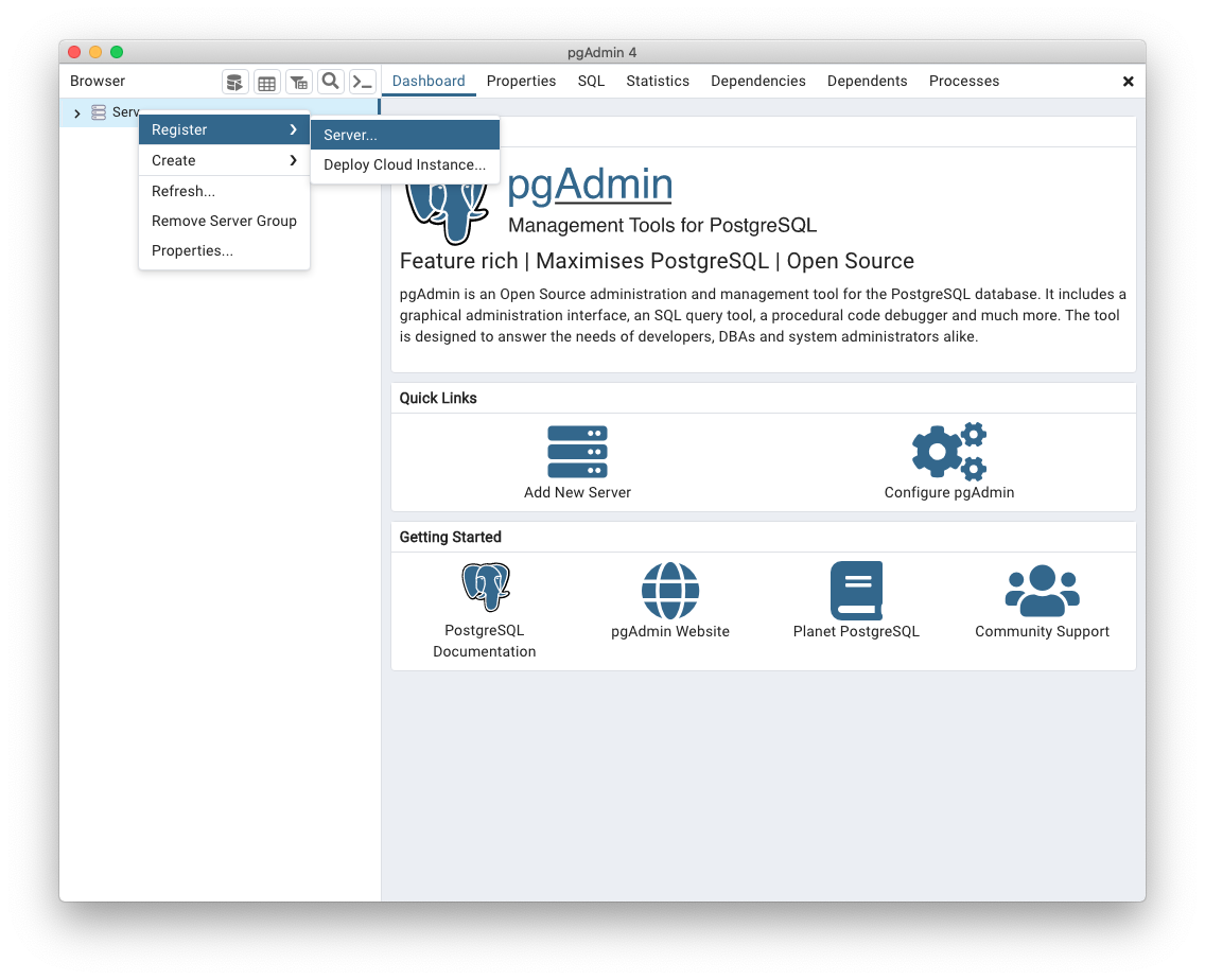 Интерфейс pgadmin 4