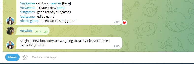 Ответ на команду /newbot в телеграм боте BotFather