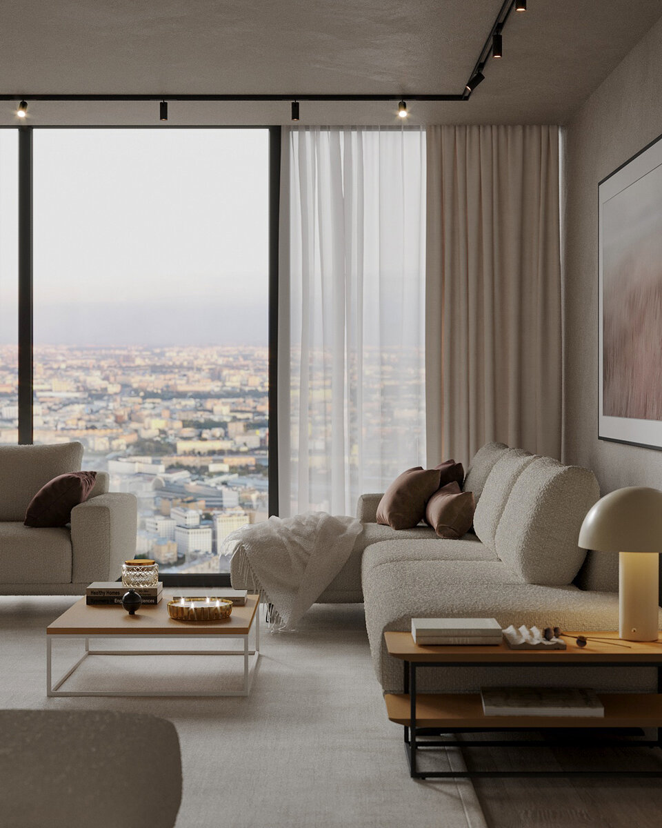 Интерьер панорамной квартиры с модульным диваном ZILLIS в трендовой обивке букле
