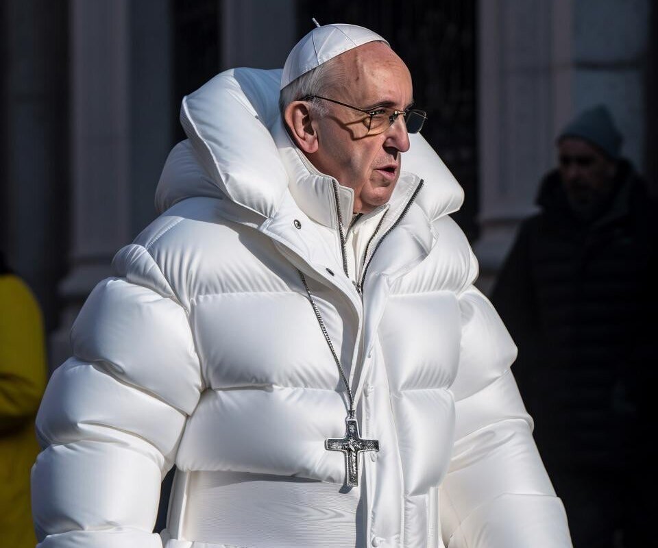     Нейросеть одела папу римского в пуховик Balenciaga и сделала его героем мемов. Кстати, многие приняли творение Midjourney v5 за настоящее фото