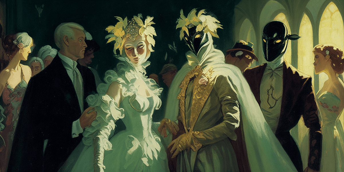  , Konstantin Somov: An elegant Art Nouveau scene with masked figures at a masquerade ball
