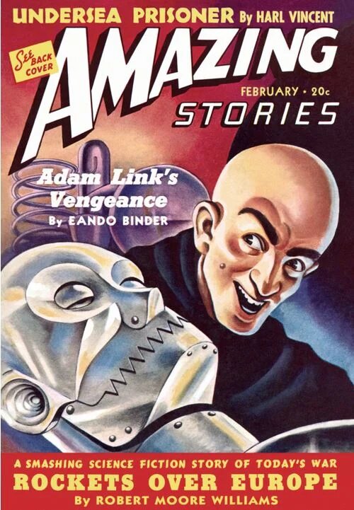 Amazing Stories, February 1940 
C. L. Hartman cover illustrates "Adam Link's Vengeance" by Eando Binder