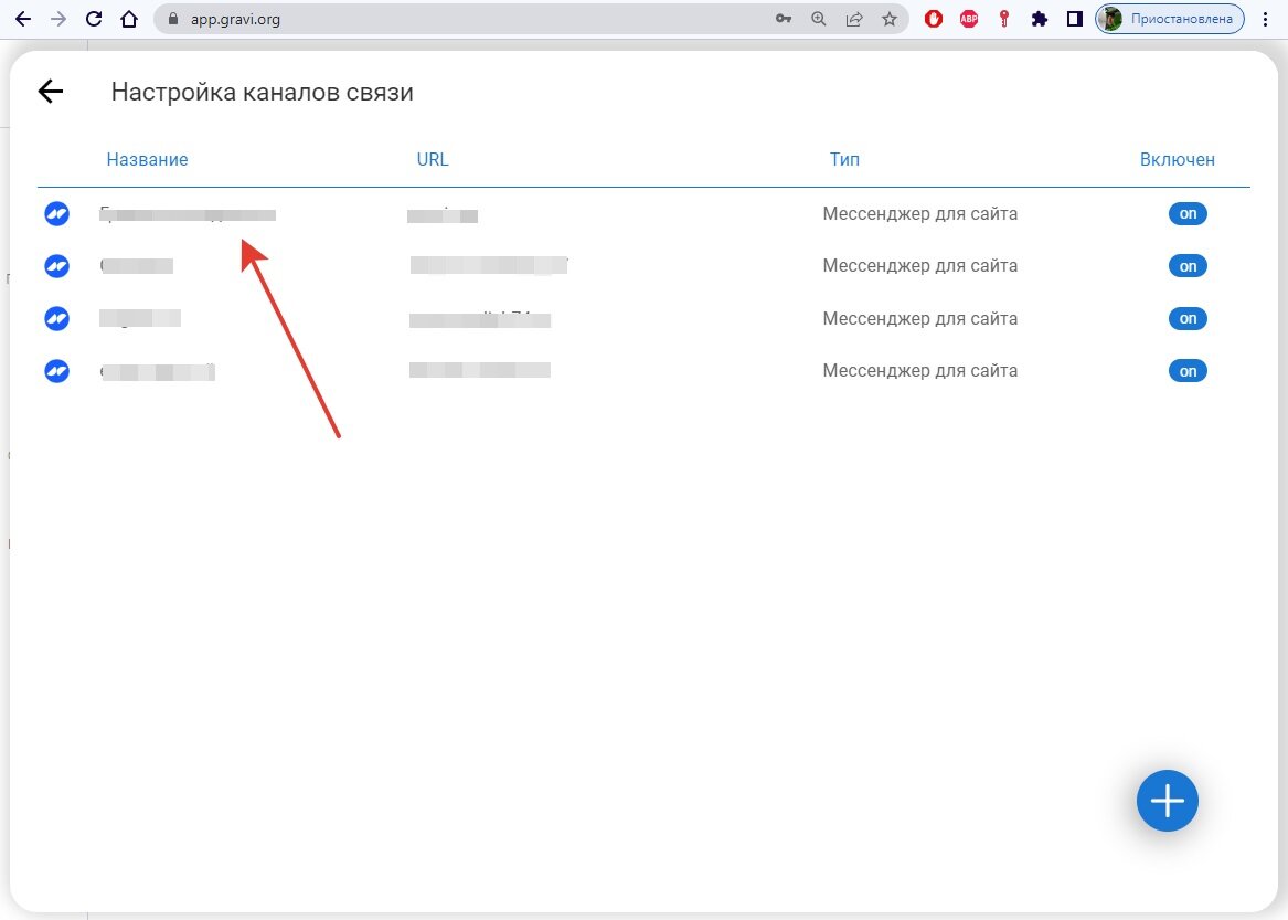 Выберите канал связи который подключен к Вашему сайту