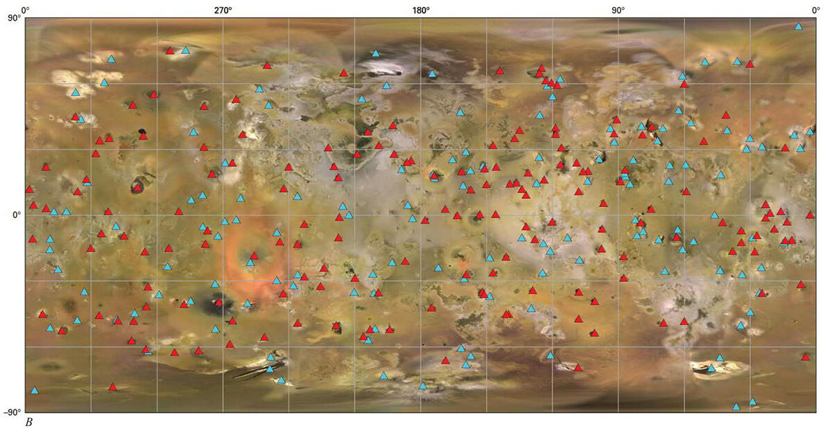 Карта поверхности Ио. Красные маркеры — горячие точки и вулканы, синие маркеры — возвышенности и горы на Ио. Источник: NASA,  Galileo.