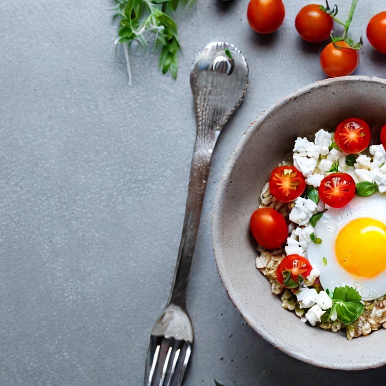 Автор: Stable Diffusion, по описанию: Oatmeal bowl with cherry tomatoes, feta cheese and eggs, cinematic, succulent