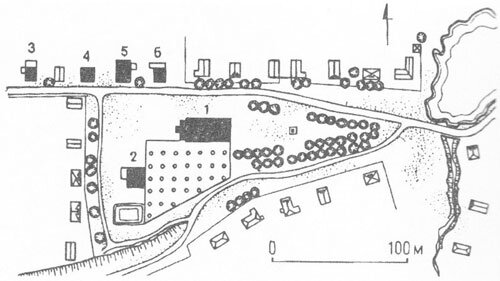 Схема застройки центральной части села. 1 - Троицкая церковь; 2 - церковно-приходская школа; 3 - дом Сачкова; 4 - дом А.В.Чуксина; 5 - дом И.В.Чуксина; 6 - дом С.Д.Лесникова