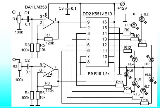 Схема №063 "Двухканальная (стерео) цветомузыкальная приставка."