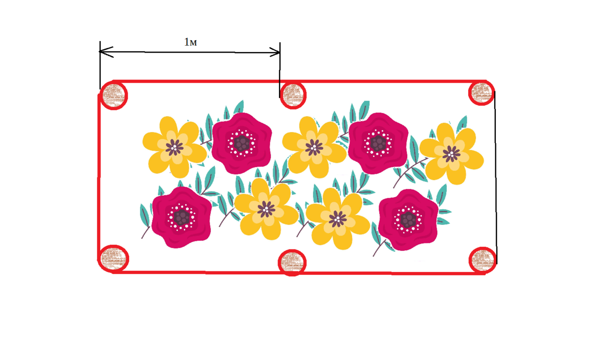 Клумба 1 на 2 метра. Для забора потребуется 6 колышков.