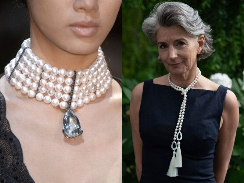 Даже в ретро-образах можно интересно представить жемчужное колье 