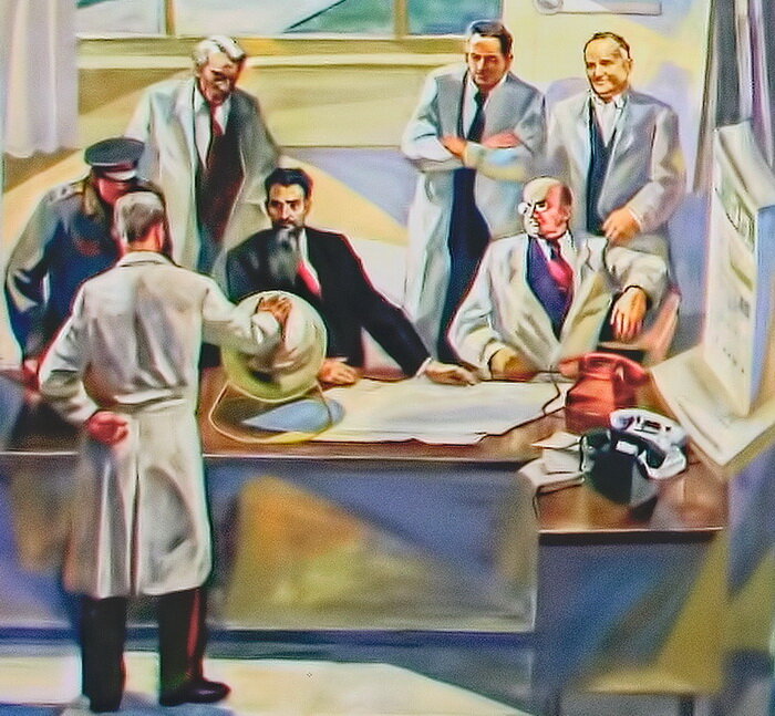Рисунок №2. Увеличенный фрагмент росписи. По центру, сидя за столом, художники изобразили "отца" советской атомной бомбы - И.В. Курчатова. Слева и справа от него выпрямились М.В. Келдыш и второй директор БАЭС Владимир Петрович Невский (с 1963 по 1973). В человеке в очках узнается глава НКВД Л.П. Берия, за его спиной - конструктор советской ракетно-космической техники С.П. Королев.  
